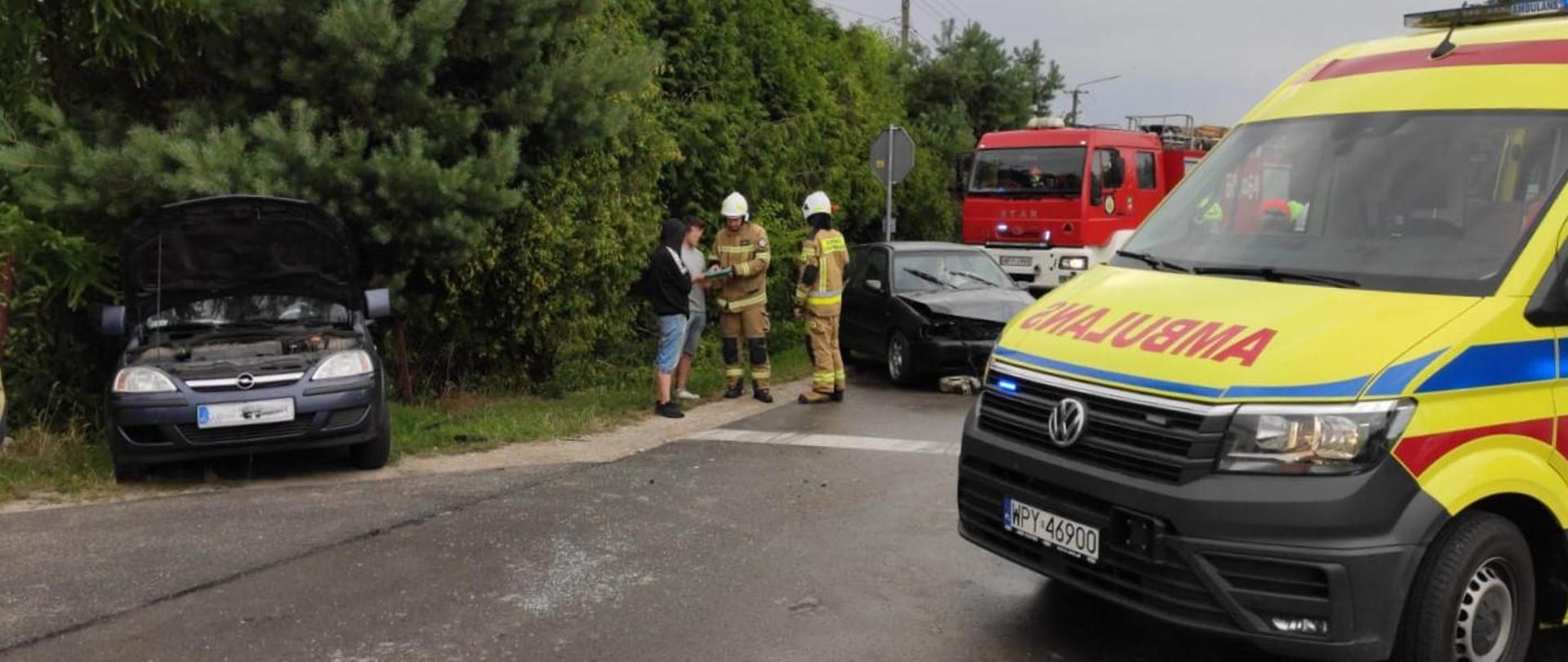 Dzienna scena plenerowa przedstawia skutki wypadku samochodowego na wiejskiej drodze. Na pierwszym planie po lewej stronie, ciemnoszary hatchback stoi częściowo poza drogą, z otwartą maską i uszkodzonym przednim zderzakiem. W centrum, dwóch strażaków w ubraniach specjalnych i białych hełmach rozmawia z mężczyznami w stroju codziennym. Za nimi, na drodze zaparkowany jest czarny sedan z widocznymi uszkodzeniami. Po prawej stronie, częściowo widoczna jest żółta karetka pogotowia, zaparkowana na drodze. W tle widoczny jest również czerwony wóz strażacki. Teren jest otoczony gęstymi, zielonymi krzakami. Scena przedstawia akcję ratunkową po wypadku drogowym.