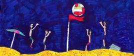 Na ilustracji wykonanej techniką rysunku markerami przedstawiona jest scena nocnej gry w siatkówkę plażową. Na pierwszym planie widzimy czworo dzieci grających na żółtym piasku – dwóch po lewej stronie siatki i dwóch po prawej. Siatka została uproszczona do białego słupka z czerwoną chorągiewką, a nad nią unosi się kolorowa piłka w barwach białej, zielonej i czerwonej. W tle dominuje granatowe, nocne niebo. 