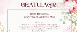 Dekoracyjna grafika z kwiatowym motywem i napisem "Gratulacje", zawierająca oficjalne podziękowanie Dyrekcji Państwowej Szkoły Muzycznej I i II stopnia im. Ignacego Jana Paderewskiego w Stalowej Woli dla Rady Rodziców za zaangażowanie, poświęcony czas i wsparcie wielu cennych inicjatyw realizowanych na rzecz szkoły. Data umieszczona w prawym dolnym rogu: 22 września 2025.