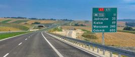 Droga ekspresowa biegnąca pod sam horyzont. Po prawej stronie tablica informująca o odległości od najbliższych miejscowości.