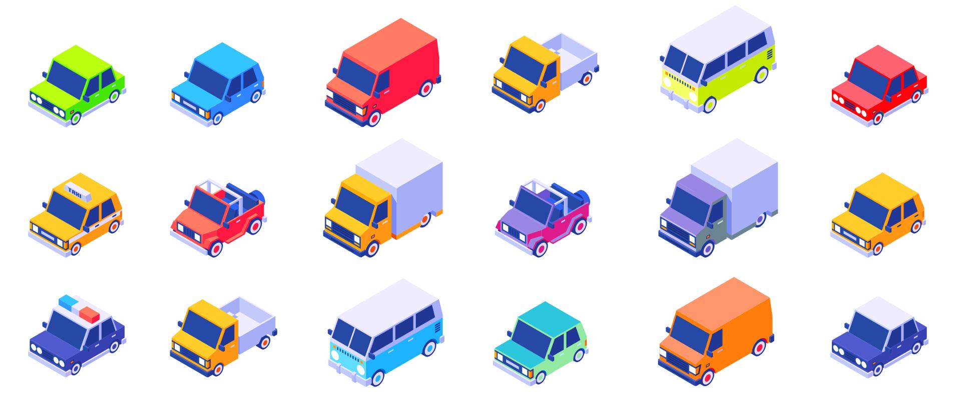 Grafika wektorowa - 18 kolorowych, miniaturowych aut na białym tle.