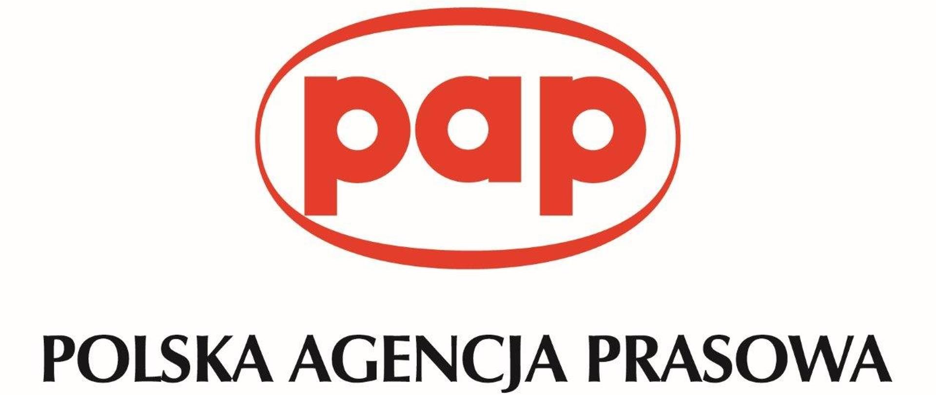 logo w poziomie. na górze czerwony napis "pap" w czerwonej elipsie. Pod nim napis "Polska Agencja Prasowa"