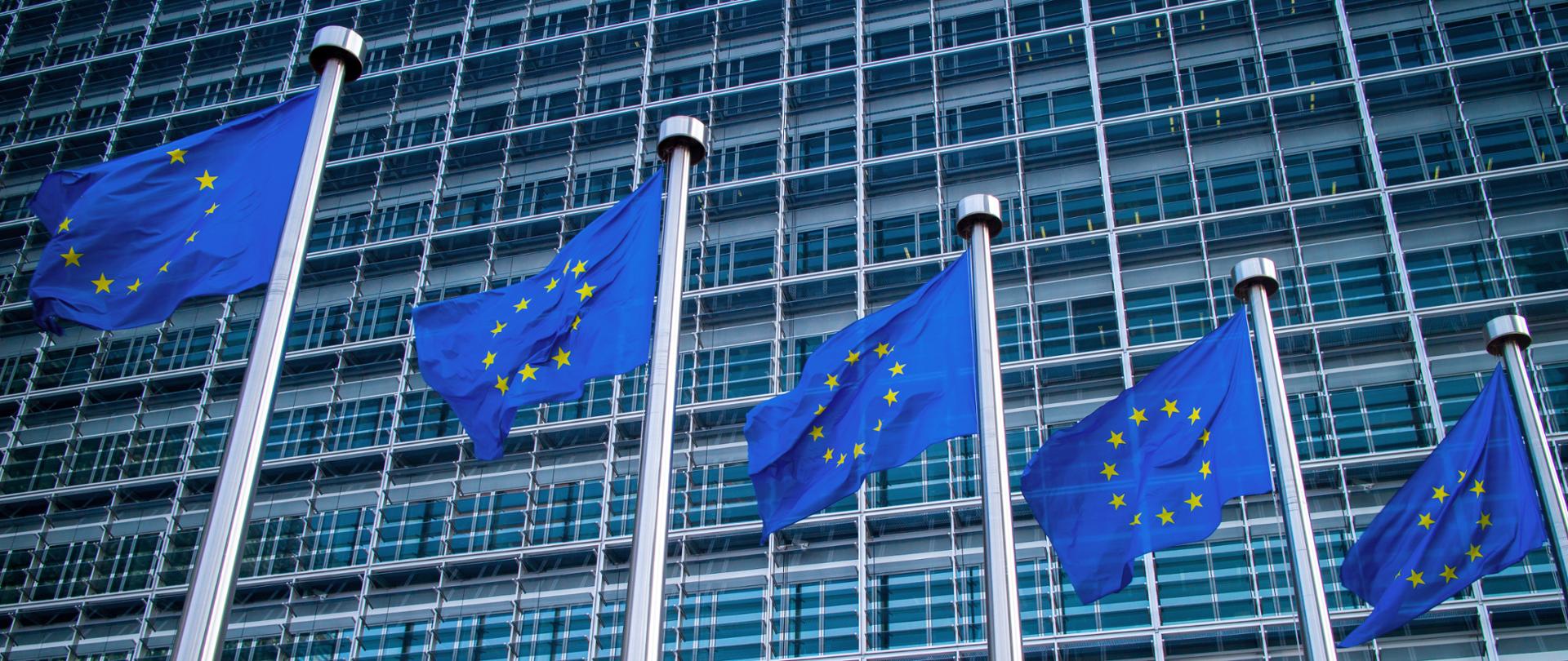 European flags in front of the Berlaymont building, headquarters of the European commission in Brussels.