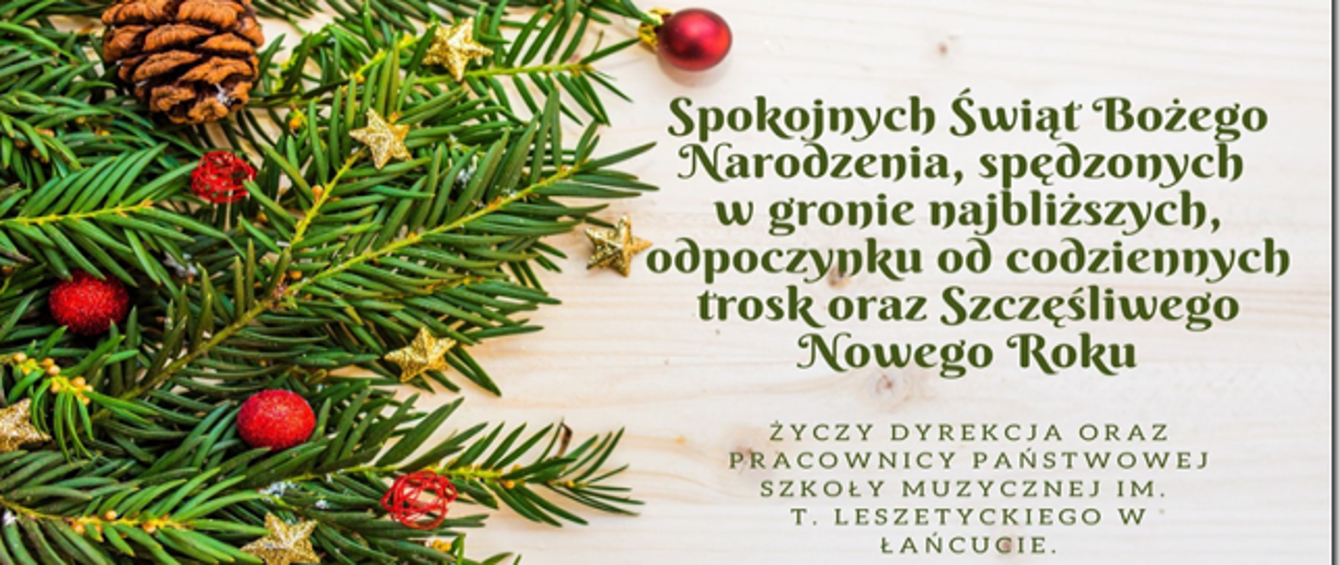 Obraz przedstawia gałązkę z szyszką i bańkami oraz życzenia z okazji Świąt Bożego narodzenia