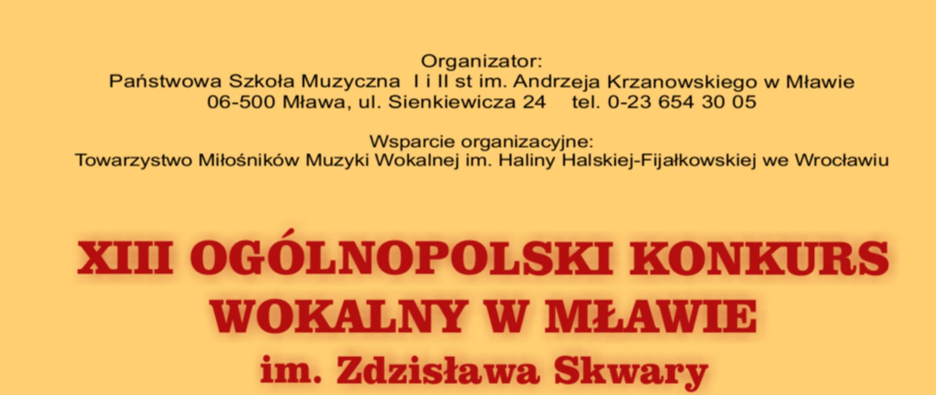 plakat na żółtym tle informujący o xiii ogólnopolskim konkursie wokalnym w mławie