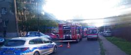 Zdjęcie przedstawia pojazdy pożarnicze ustawione na ulicy przy domu wielorodzinnym podczas akcji ratowniczo - gaśnicze. Z tyłu za pojazdami zaparkowany policyjny radiowóz. Po prawej stronie ostatniego pojazdu pożarniczego stoi karetka zespołu ratownictwa medycznego.