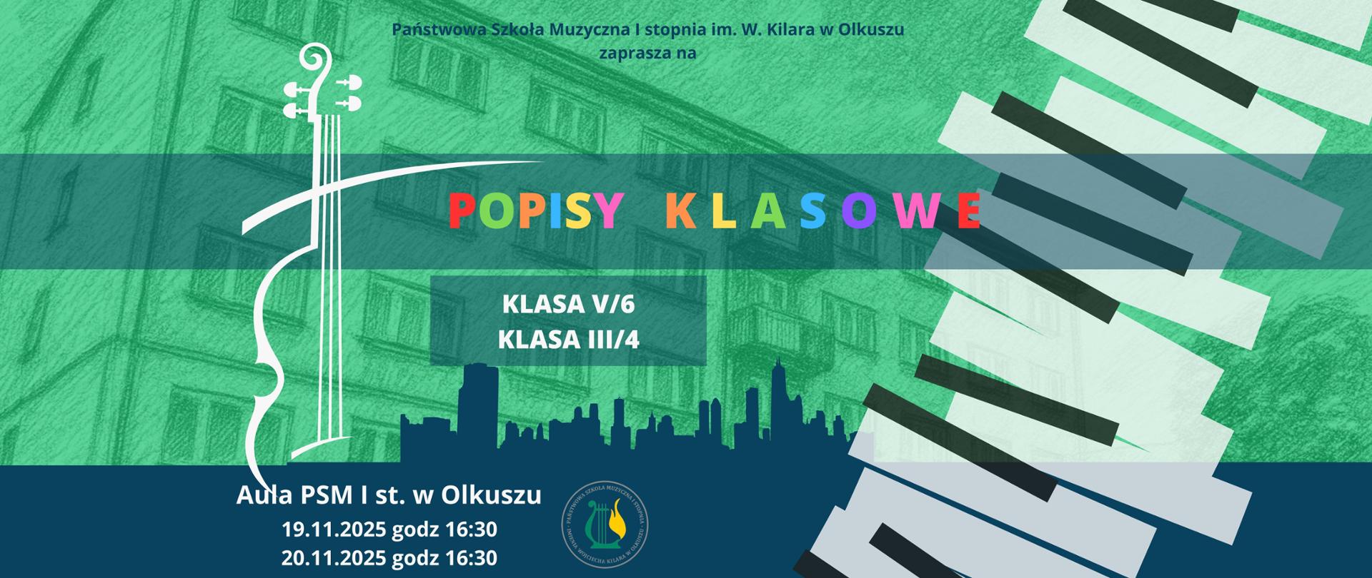 zielone tło z budynkiem szkoły, na dole ciemny pas i zarys miasta, klawisze z prawej strony, zarys skrzypiec z lewej, kolorowe i białe napisy
