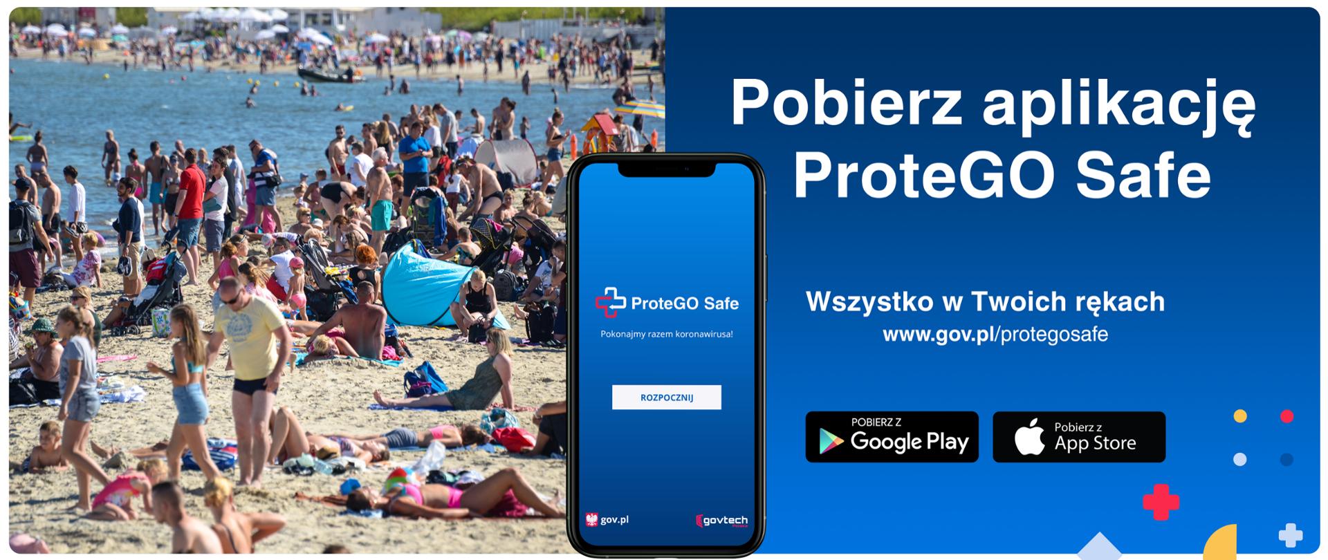 Grafika. Ludzie wypoczywający na plaży. Obok smartfon z włączoną aplikacją ProteGo Safe i napis: Pobierz aplikację ProteGo Safe. Wszystko w Twoich rękach www.gov.pl/protegosafe.