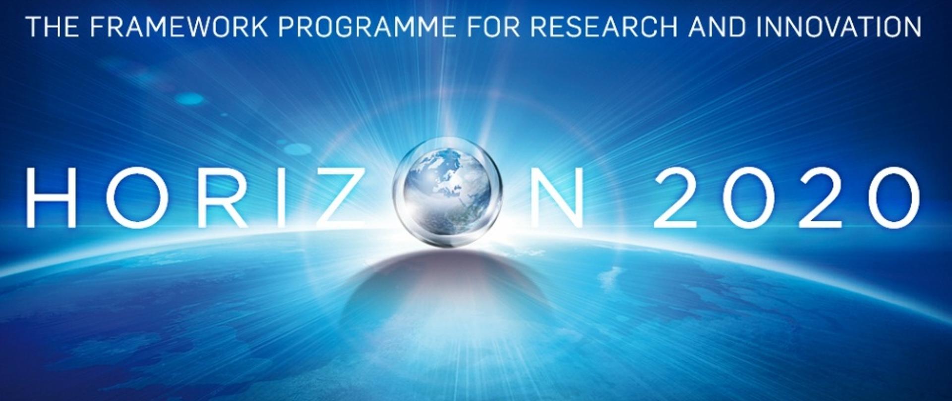 Horizon 2020 - napis i stylizowana kula ziemska na niebieskim tle