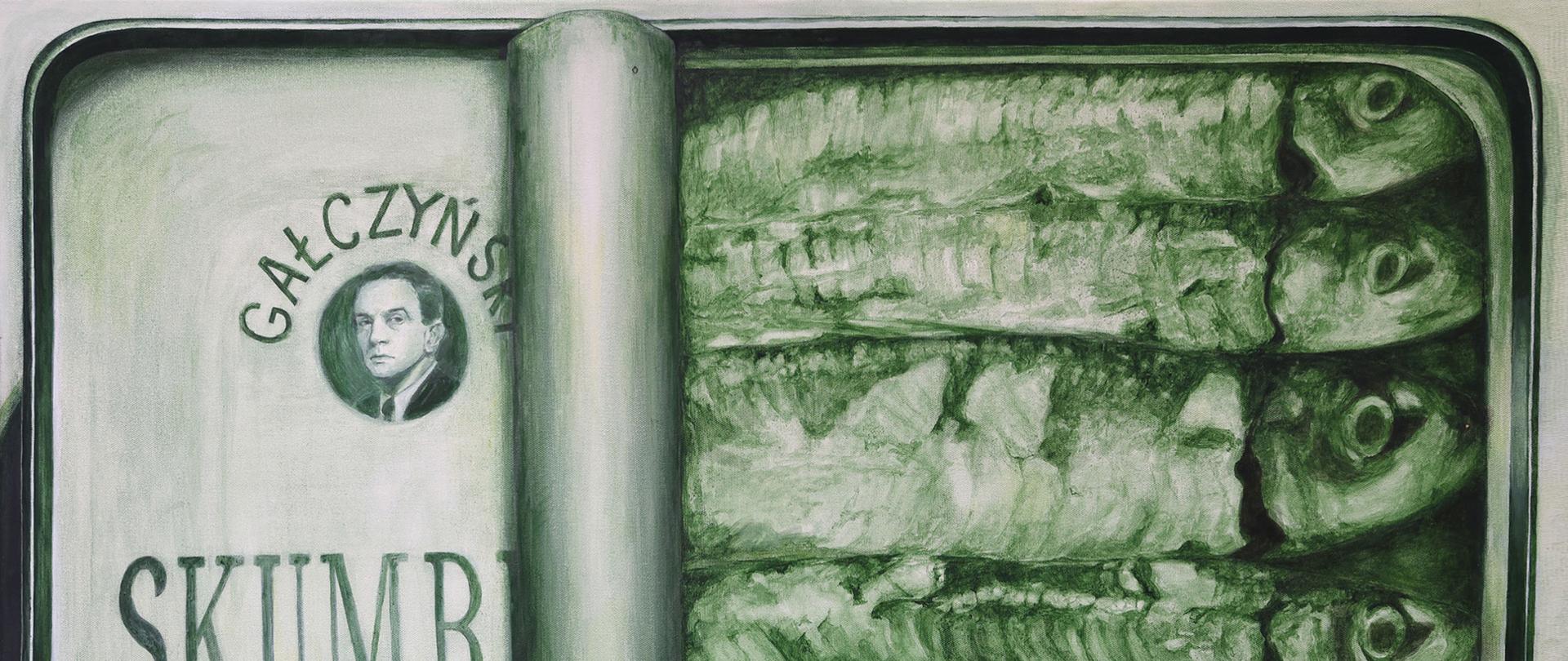 grafika w kolorach czarno-zielonych ,puszka z sardynkami