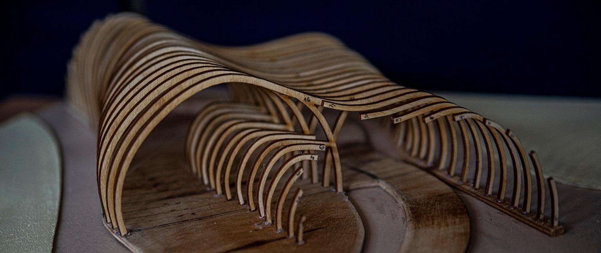 Szkielet konstrukcji hali o bryle organicznej przypominającej żebra