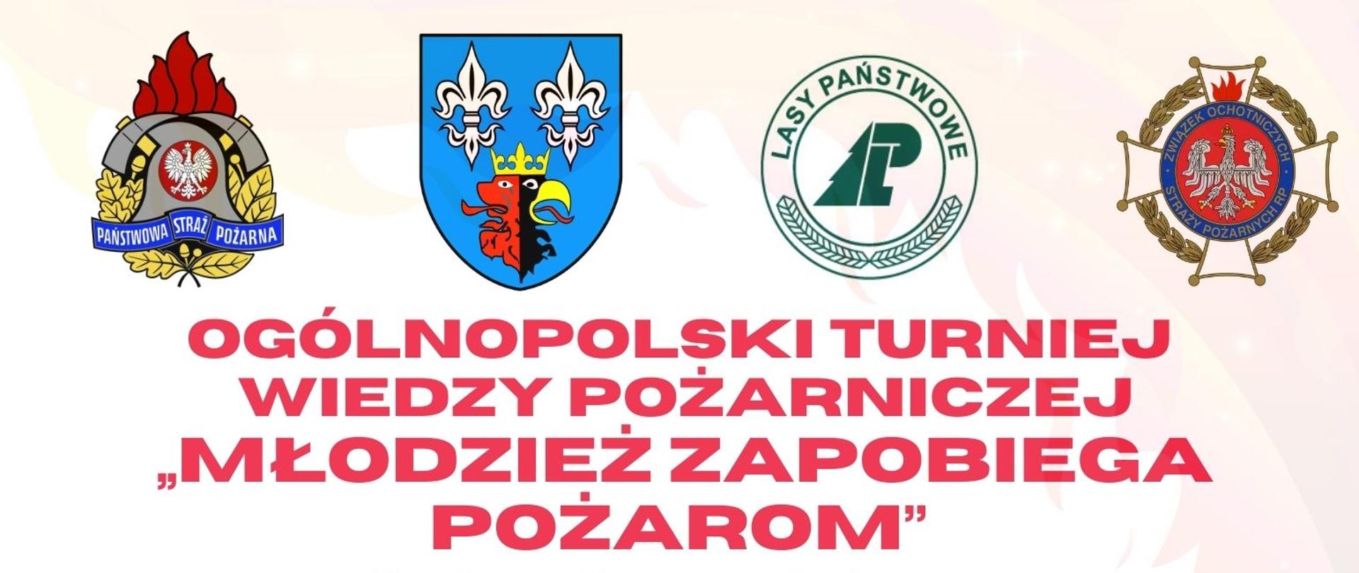 plakat ogólnopolskiego turnieju wiedzy pożarniczej "Młodzież zapobiega pożarom" informacje o dniu i godzinie oraz programie turnieju