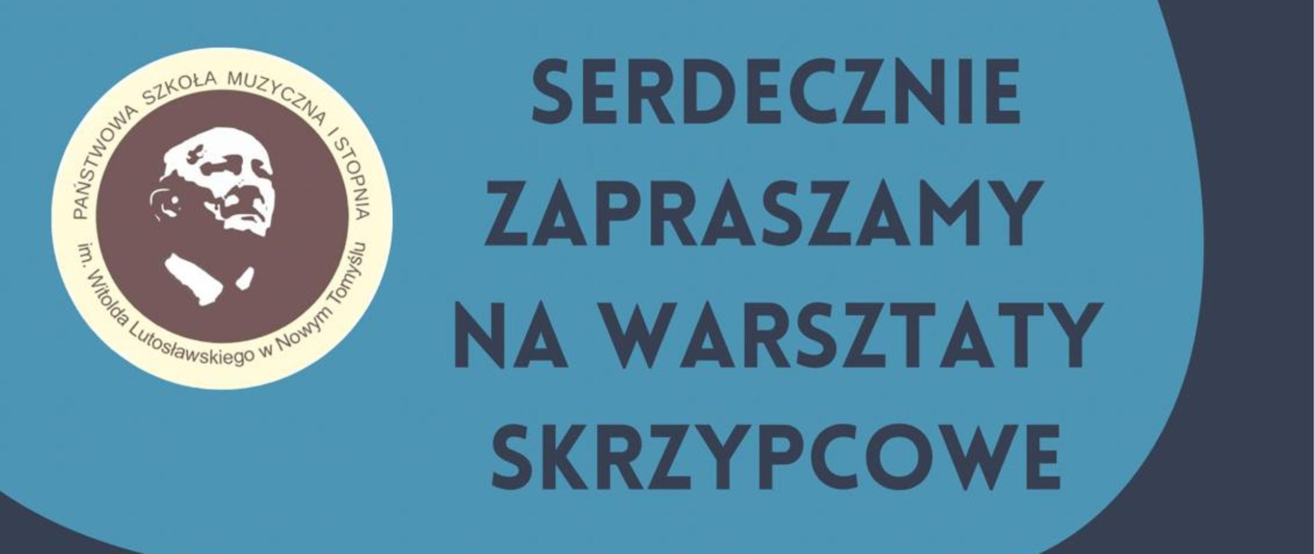 Plakat na granatowym tle; w jego górnej części niebieskie pole o nieregularnym kształcie w nim z lewej strony logo szkoły po prawej treść "Serdecznie zapraszamy na warsztaty skrzypcowe" w dolnej części podobny nieregularny kształt w kolorze różowym - w nim wpisane zostało nazwisko Pani która poprowadzi warsztaty, pod jej nazwiskiem ich temat warsztatów. Pośrodku plakatu grafika przedstawiająca skrzypce wraz ze smyczkiem po lewej stronie data warsztatów - wtorek 6.02.2024 godz. 13:00 sala kameralna.