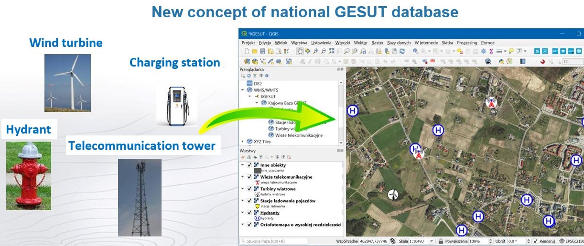 On the left side there are pictures of the elements: telecomminication tower, hydrant, wind turbin, charging station. On the right side there is pictures of a map with marked elements.