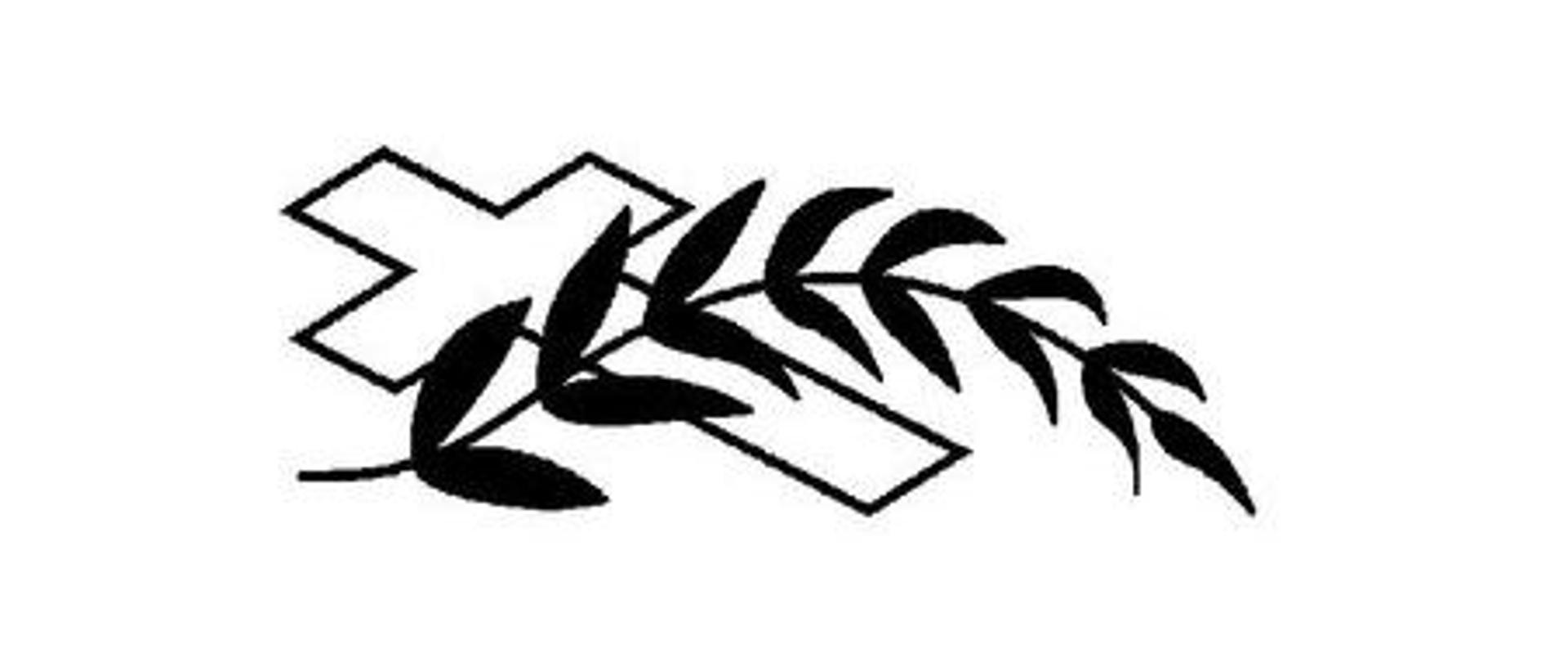 Grafika czarno biała - krzyż i gałązka z liśćmi