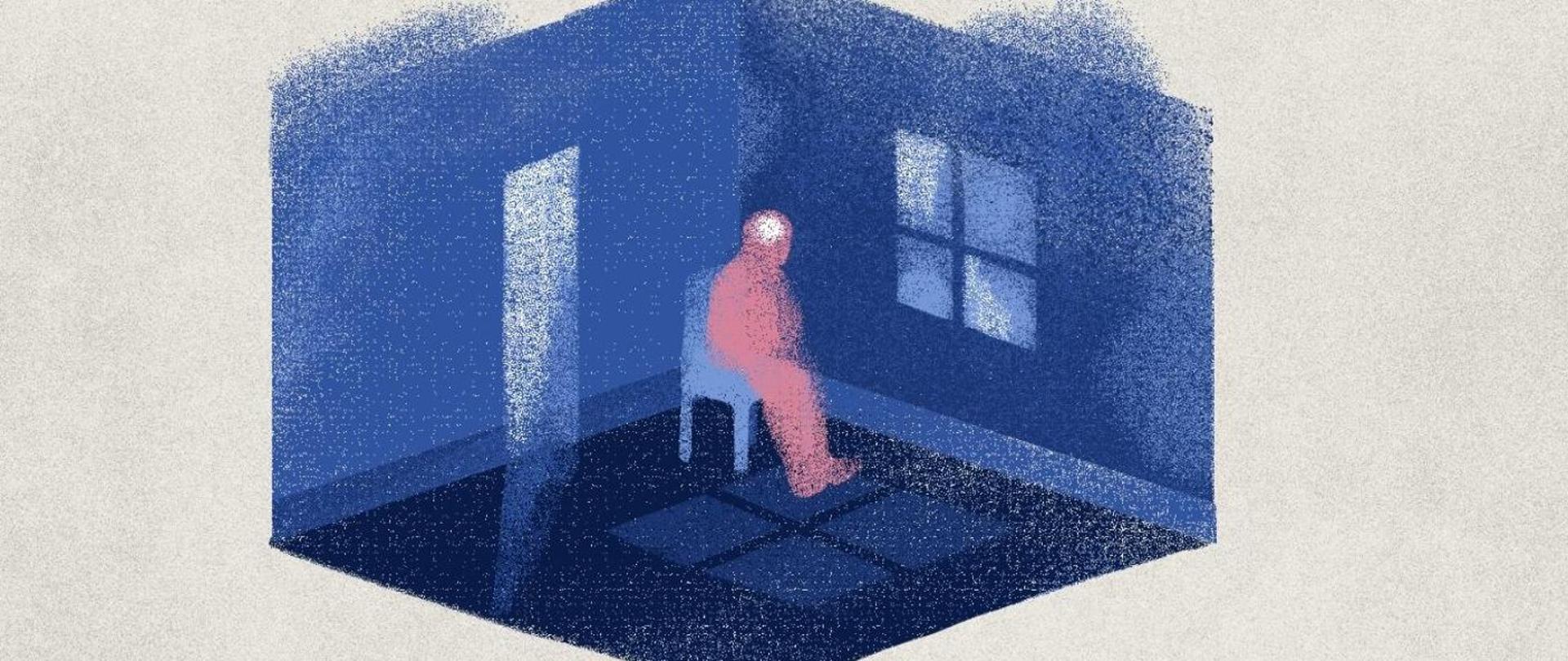 Granatowy sześciokąt przypominający pomieszczenie w domu, w którym na krześle siedzi różowa sylwetka człowieka w pesymistycznym nastroju