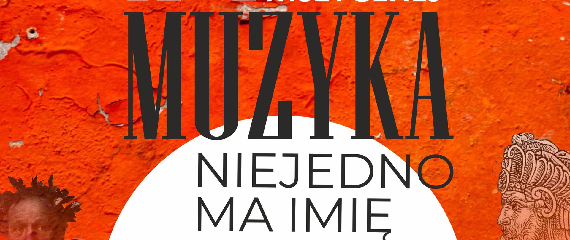 Na pomarańczowym tle białe koło na środku, na dole strony sylwetki różnych postaci. Na środku napis tytułu konkursu oraz harmonogram. 