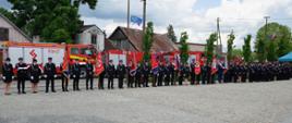 Zdjęcie przedstawia długi rząd strażaków i strażaczek w mundurach, stojących na placu podczas oficjalnej uroczystości. W tle widoczne są czerwone wozy strażackie oraz budynki gospodarcze. Część osób trzyma sztandary jednostek Ochotniczej Straży Pożarnej. Nad nimi powiewają flagi