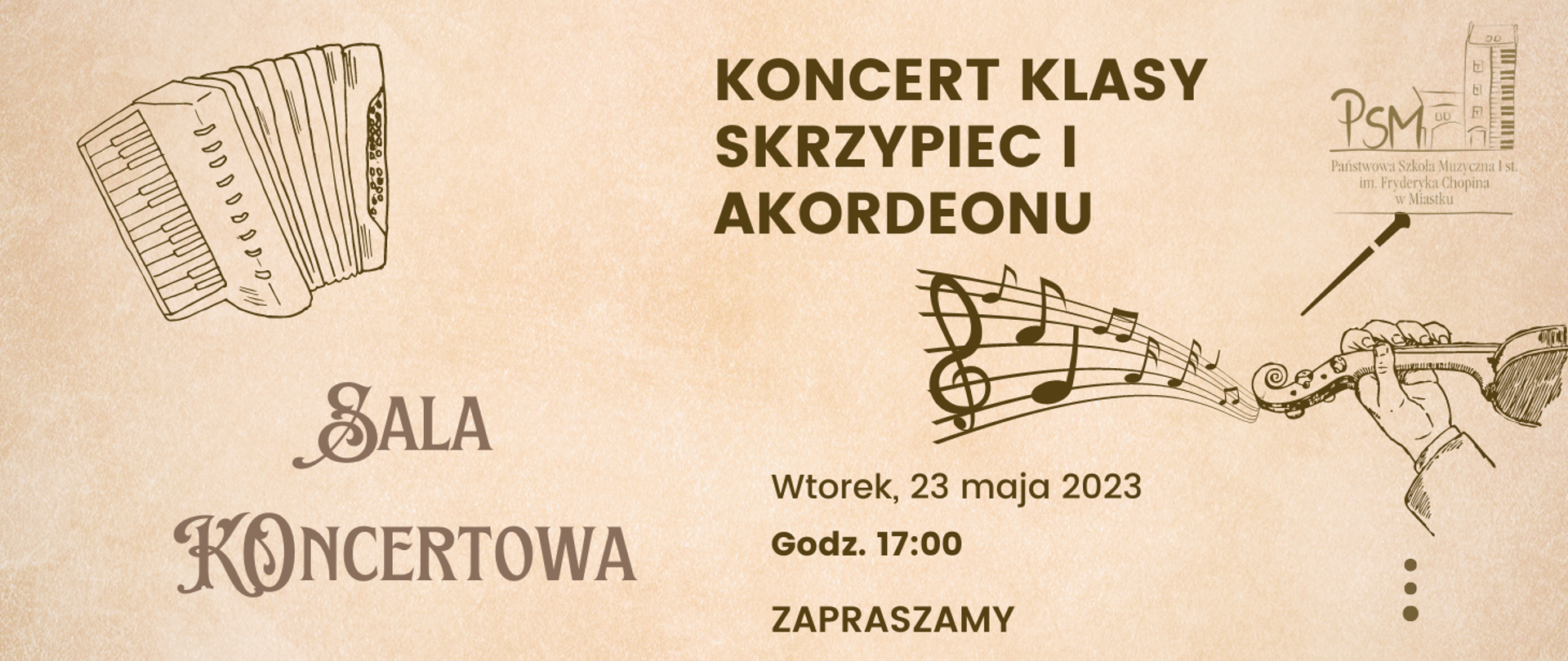 Grafika informująca o koncercie uczniów klasy skrzypiec i akordeonu 23 maja 2023 r. o godz. 17:00 w sali koncertowej naszej szkoły.