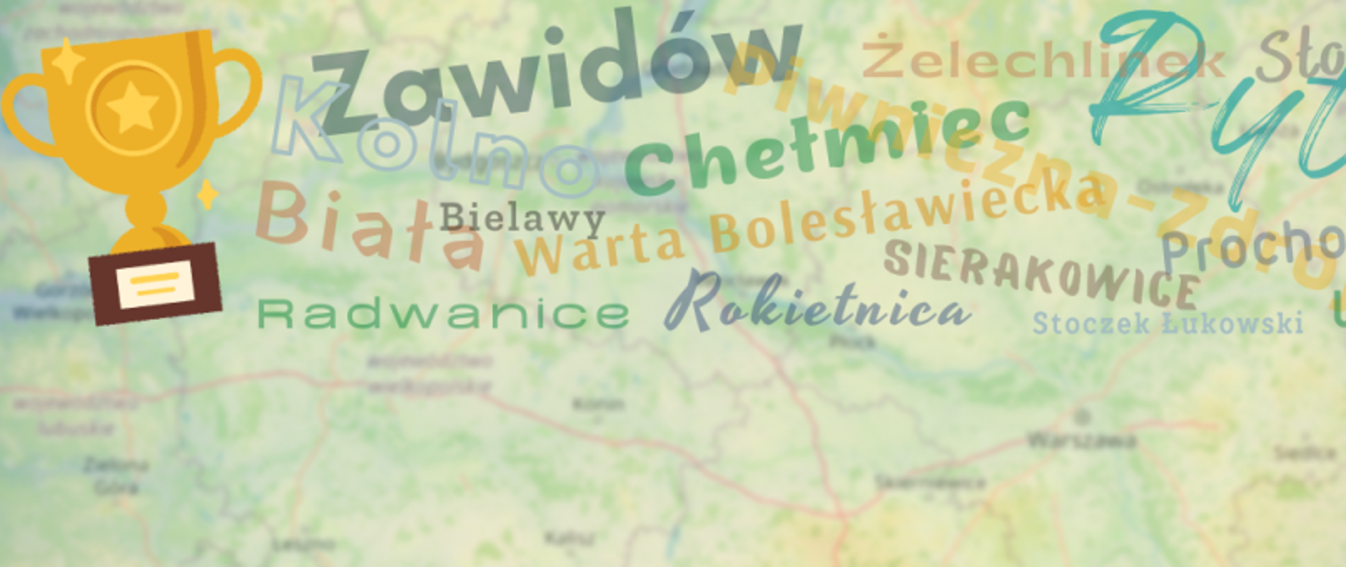 Mapa z nazwami polskich miejscowości oraz ilustracją trofeum po lewej stronie.
