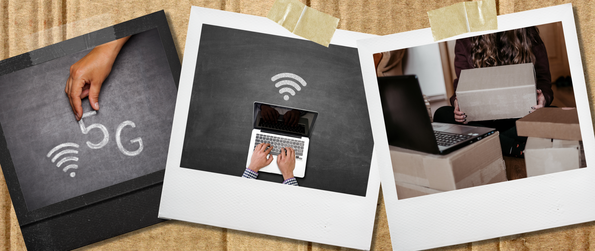Kolaż zdjęć przedstawiający ikonę sieci 5G, laptop z ikoną WiFi oraz kobietę pakującą paczki