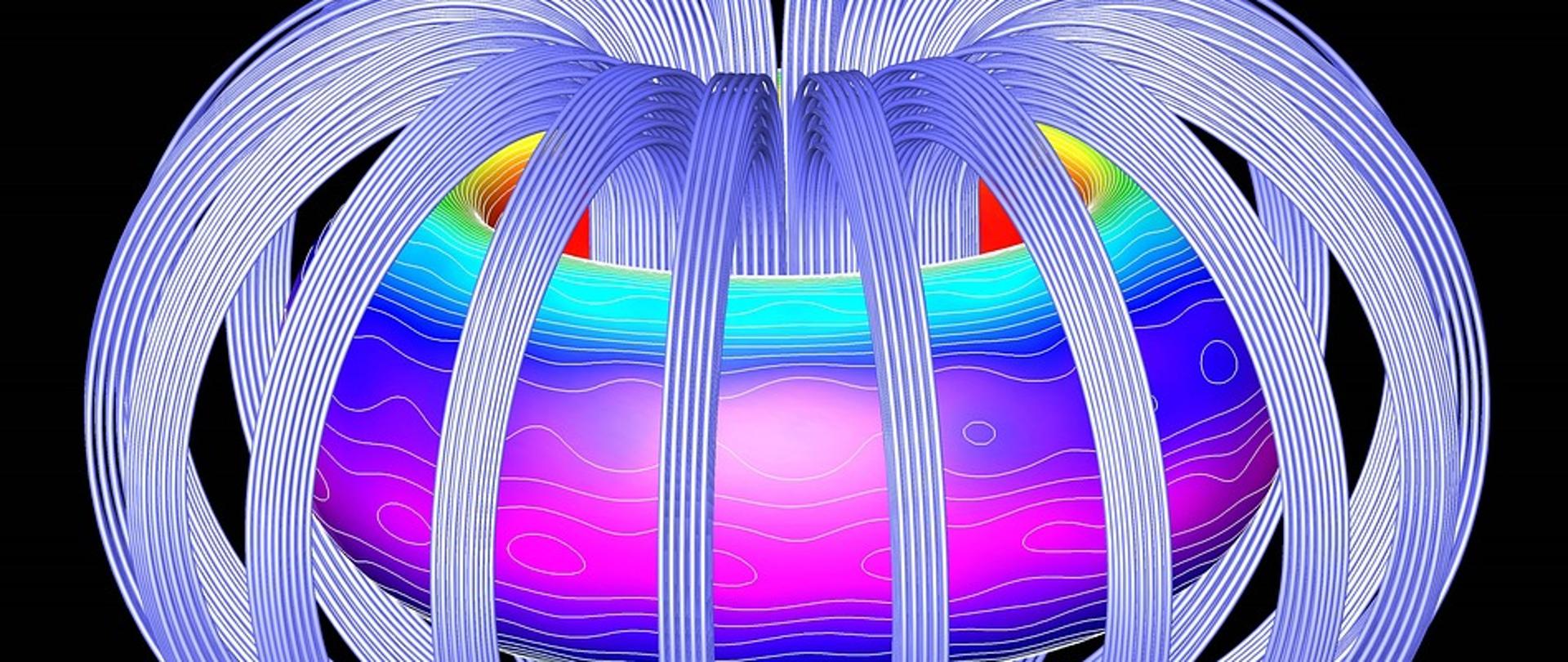 Grafika przedstawiająca wyobrażenie fuzji jądrowej w postaci kolorowej formy graficznej 