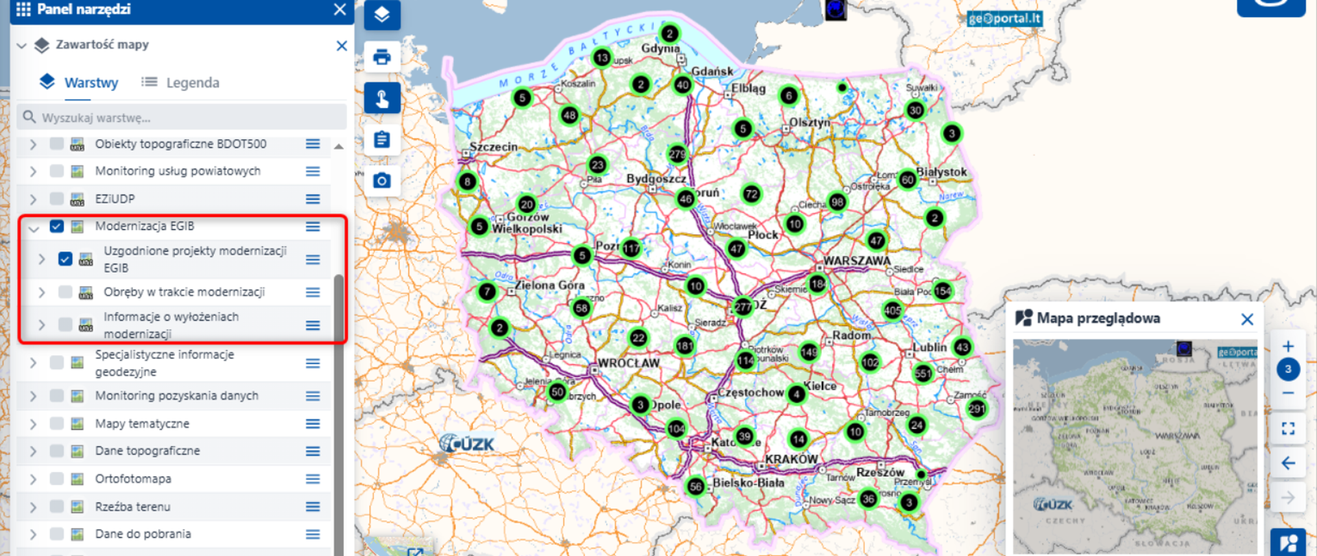 Ilustracja przedstawia zrzut ekranu z serwisu www.geoportalu.gov.pl, który udostępnia usługę „Modernizacja EGiB”.
