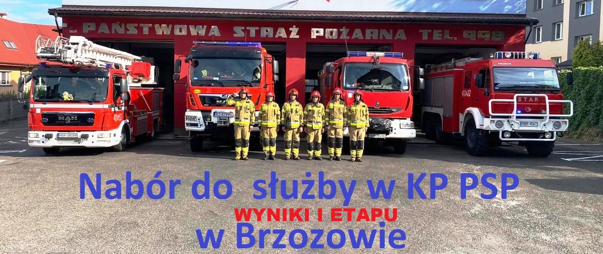 Ogłoszenie o naborze do służby na tle kolorowej fotografii z zastępem strażaków, samochodami pożarniczymi i częścią frontową budynku z garażami. Wyniki I etapu.