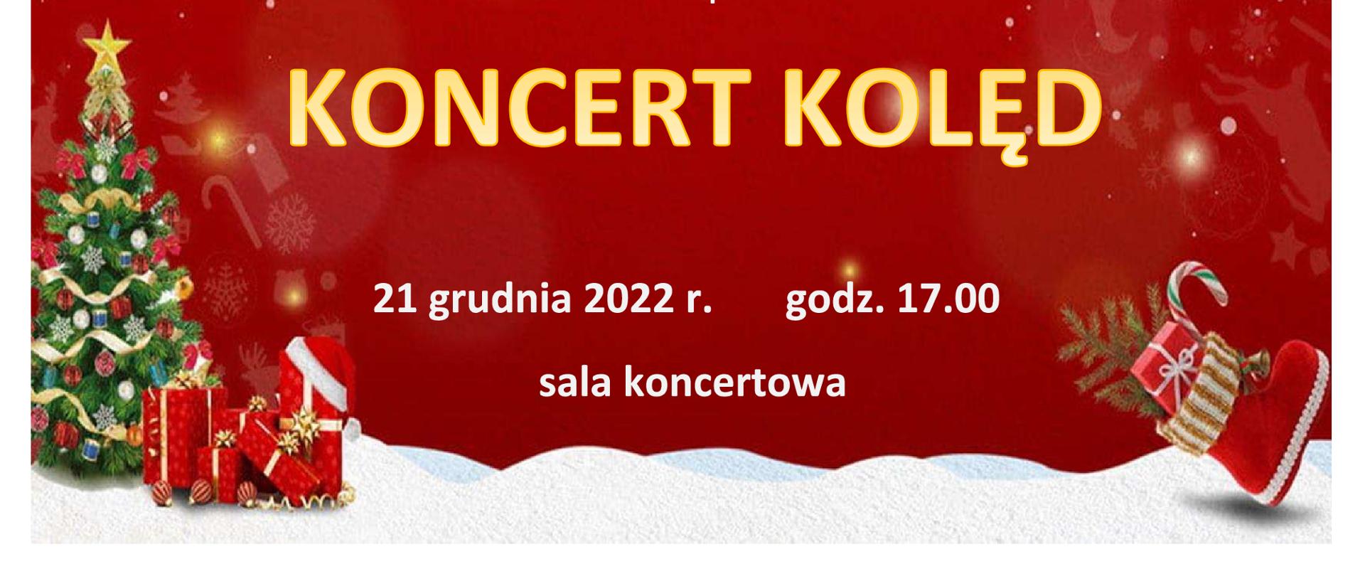 Plakat z czerwonym tłem, u góry zielone gałęzie choinki z dzwoneczkami i bombkami choinkowymi. U dołu biały śnieg z choinką i prezentami po lewej stronie i czerwonym butem z prezentem po prawej. Na środku napis Państwowa Szkoła Muzyczna I st. im. Karola namysłowskiego w Szczebrzeszynie serdecznie zaprasza na koncert kolęd 21 grudnia 2022 r. godz. 17.00 sala koncertowa. 