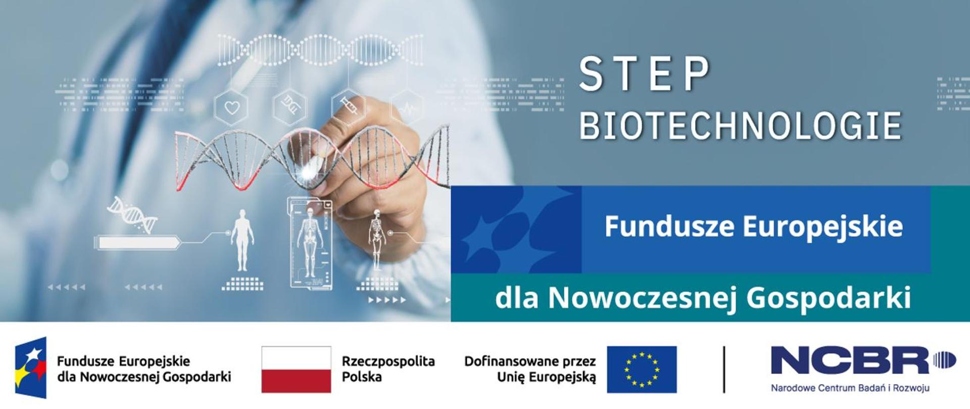 Grafika - łańcuch DNA na niebieskim tle i napis STEP biotechnologie.