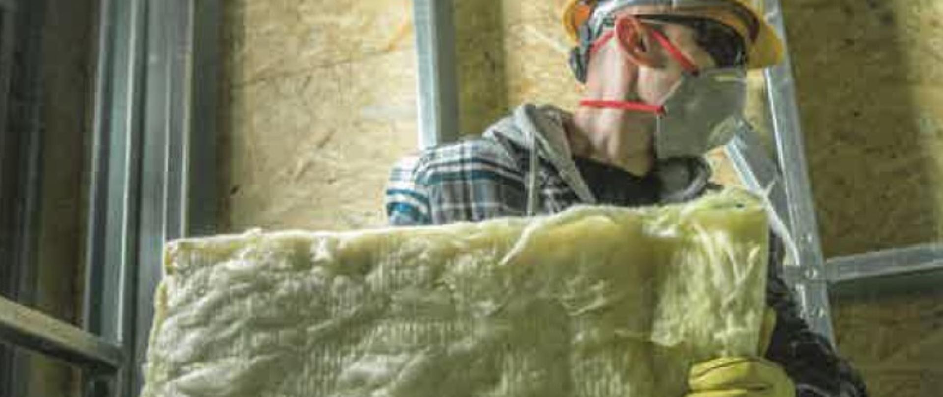 obrazek przedstawia pracownika budowlanego zaopatrzonego w środki ochrony indywidualnej, trzymającego arkusz wełny mineralnej