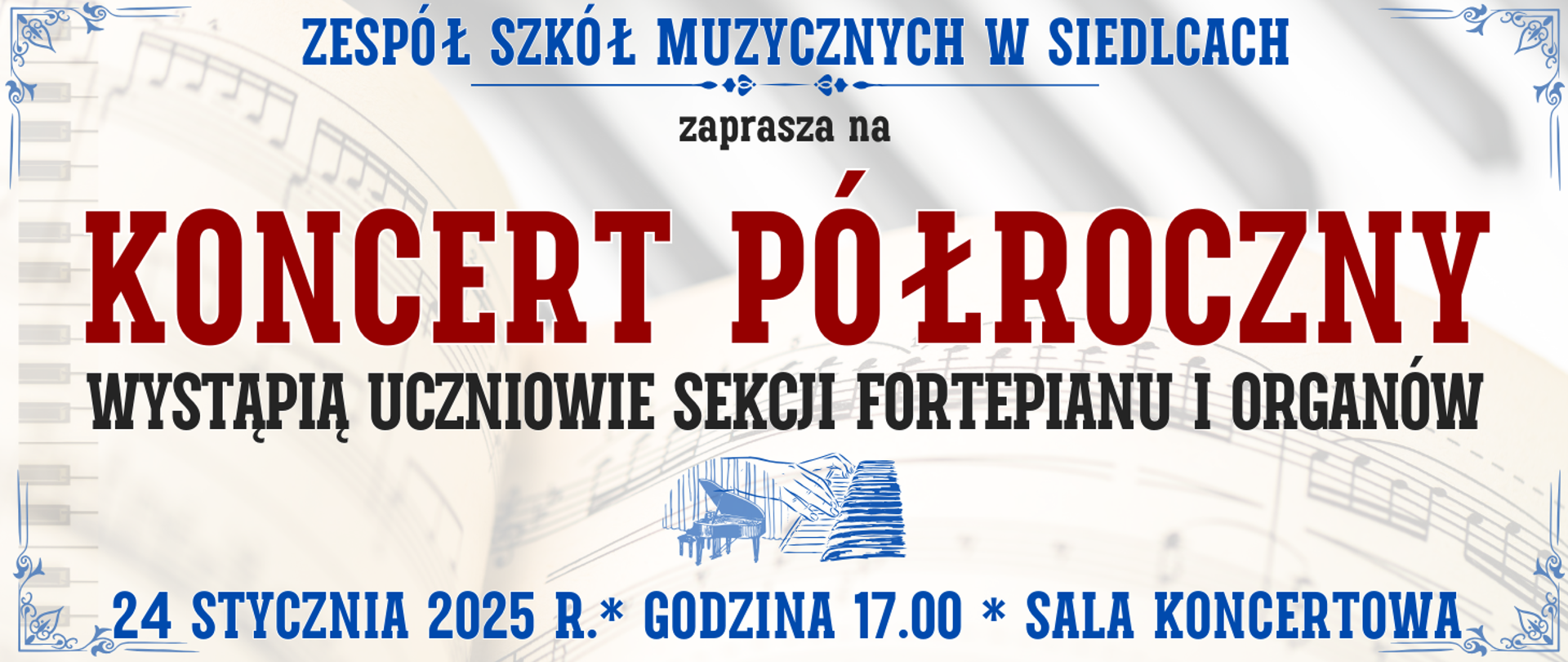 baner z kolorowym tłem z półprzezroczystym widokiem nut i klawiaturą fortepianu oraz informacja o wydarzeniu