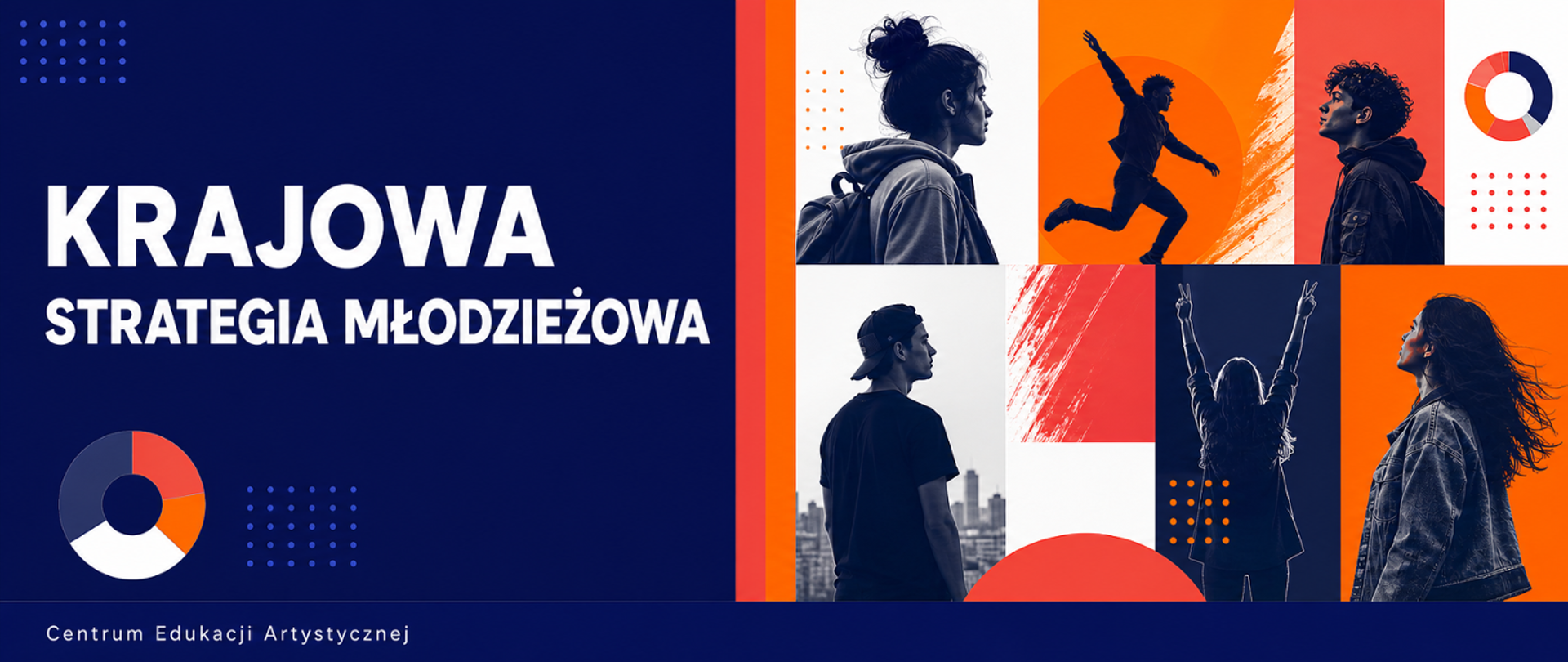W lewej części zdjęcia na granatowym tle biały napis "Krajowa Strategia Młodzieżowa". W prawej części zdjęcia postacie młodzieży. 