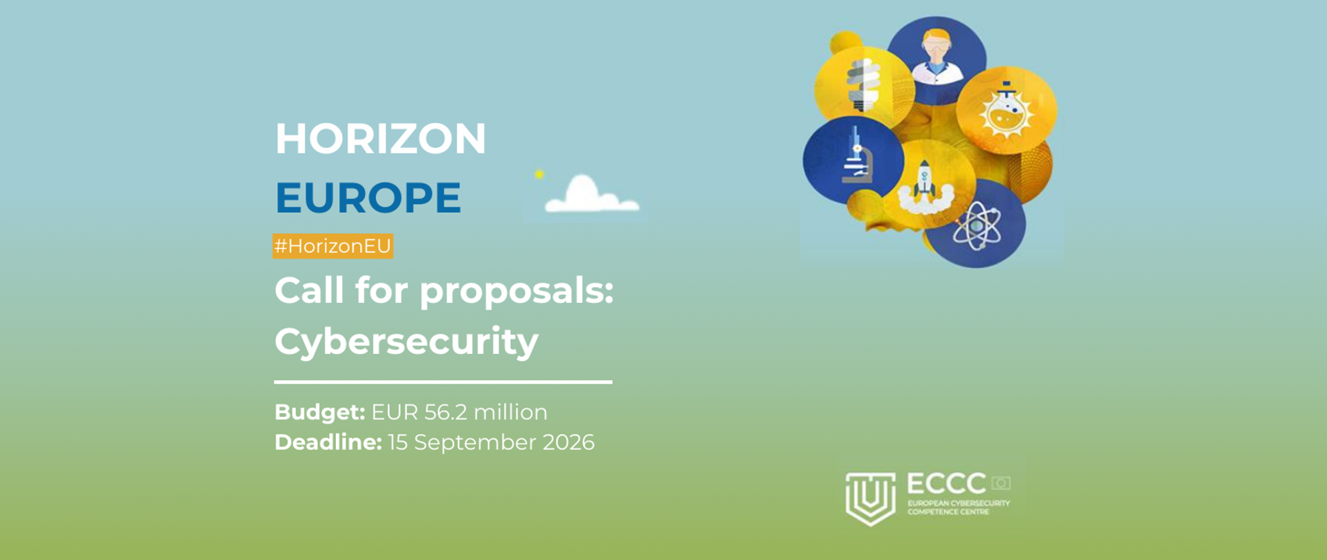 Z lewej strony informacja o otwarciu naboru w Programie HE, wraz z wysokością alokacji i terminem na składania wniosków, z prawej strony obrazek i logo ECCC, na zielonym tle
