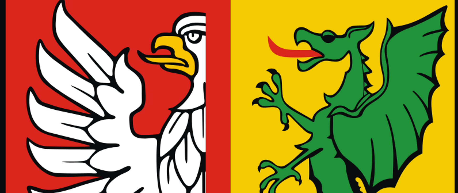 Logo starostwa otwockiego - pół białego orła na czerwonym tle, zielony smok po prawej na żółtym tle