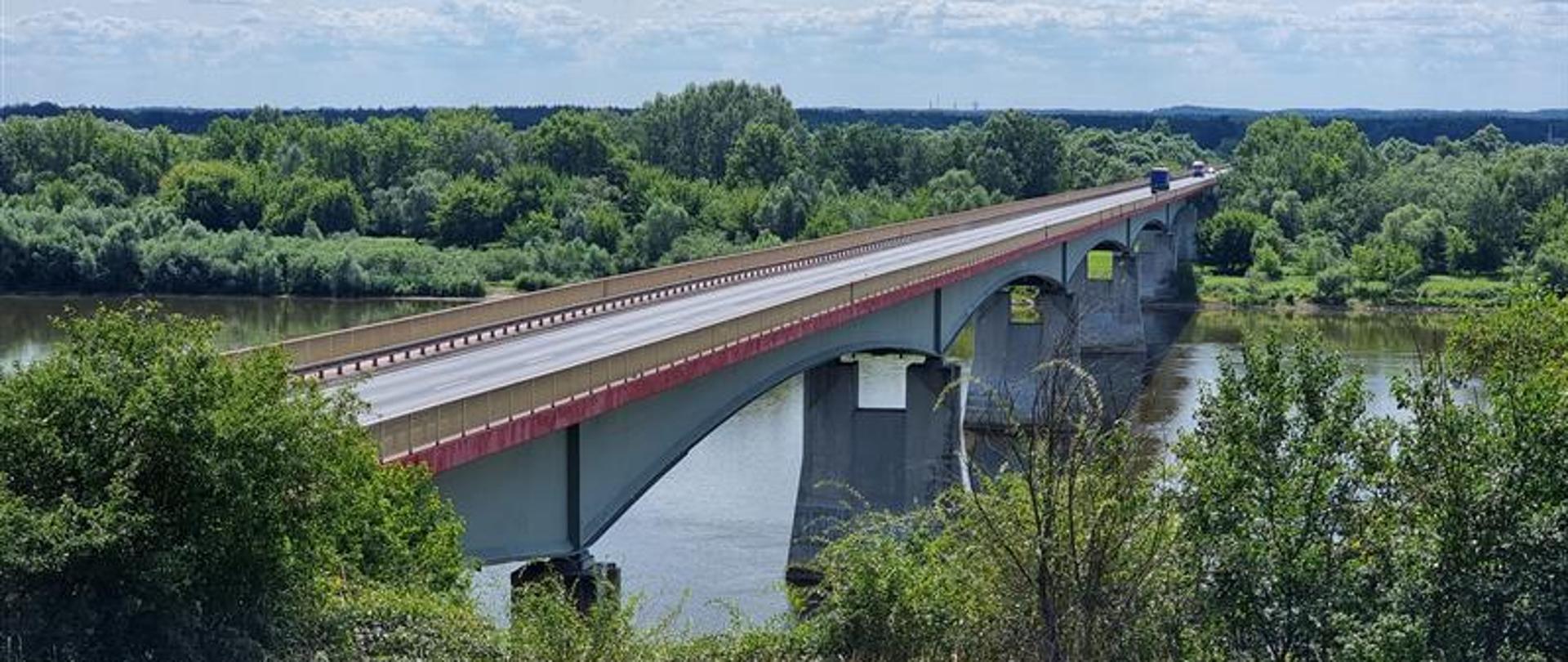 Na zdjęciu widać most drogowy rozciągający się nad rzeką. Konstrukcja mostu jest betonowa, wsparta na kilku masywnych filarach w wodzie. Most ma prostą, nowoczesną formę z czerwonymi barierkami po bokach. Na jezdni widoczny jest pojazd (prawdopodobnie ciężarówka) jadący w kierunku dalszego końca mostu.
W tle rozciąga się zielony, gęsty krajobraz – lasy i krzewy, a za nimi horyzont z linią drzew. Niebo jest jasne, z licznymi białymi, kłębiastymi chmurami, co sugeruje pogodny dzień. Na pierwszym planie widoczna jest sucha trawa i krzewy, co może wskazywać na letnią porę roku.
