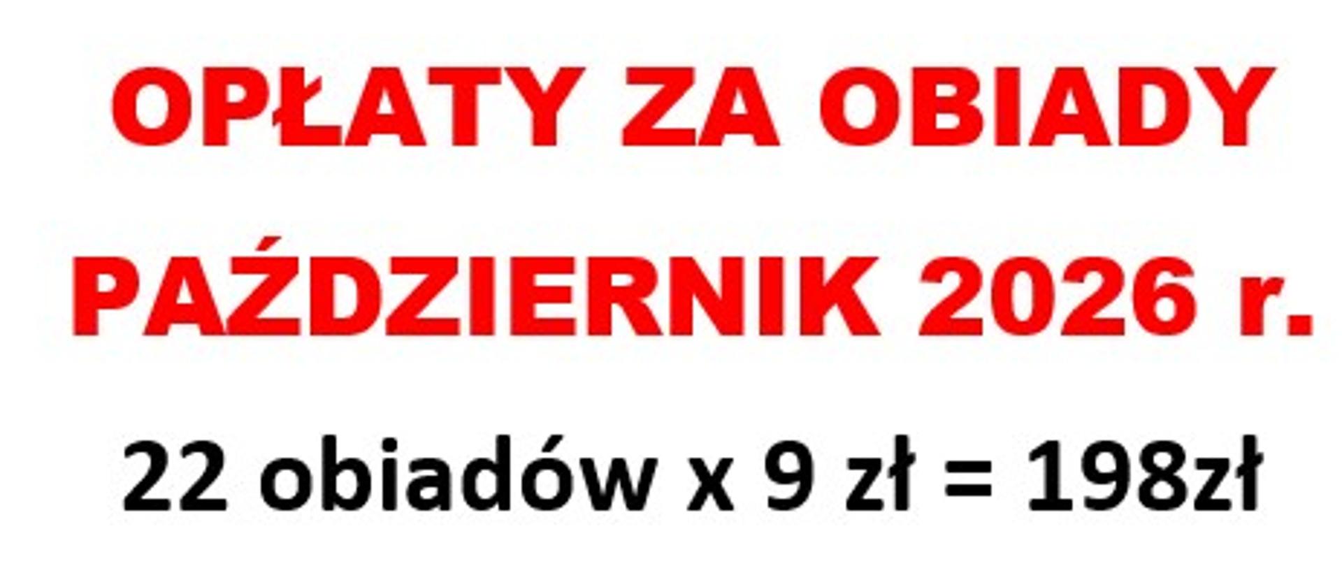 Opłaty za obiady w miesiącu październik 2026