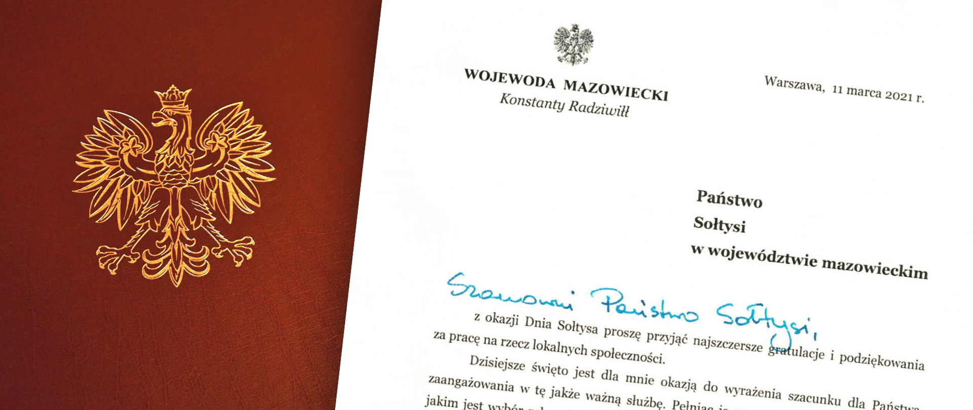 Grafika prezentująca fragment treści listu z odręcznie napisanym zwrotem "Szanowni Państwo Sołtysi". List znajduje się na brązowej teczce ze złotym orłem - godłem Polski. 