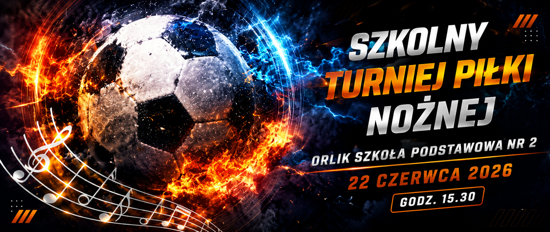 Dynamiczny baner promujący szkolny turniej piłki nożnej. Po lewej stronie widoczna duża piłka futbolowa otoczona efektami ognia, iskier i niebieskich wyładowań elektrycznych. W dolnej części znajdują się nuty muzyczne, nawiązujące do charakteru szkoły muzycznej. Po prawej stronie umieszczono duży napis „Szkolny Turniej Piłki Nożnej”, a poniżej informacje: „Orlik Szkoła Podstawowa nr 2”, „22 czerwca 2026” oraz „godz. 15.30”. Grafika utrzymana jest w nowoczesnym, dynamicznym stylu z dominacją kolorów czarnego, pomarańczowego i niebieskiego.
