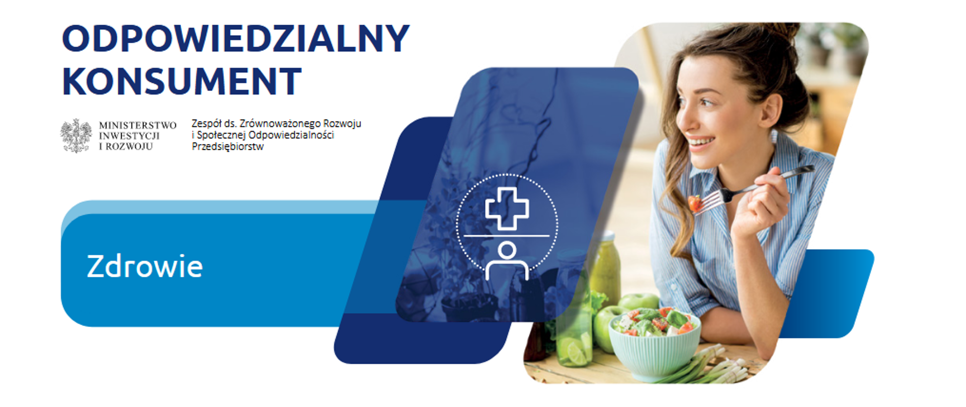 Grafika ze zdjęciem kobiety, przed którą stoi sałatka warzywna, kobieta nabiera pomidor na widelec, na grafice napis Odpowiedzialny Konsument - Zdrowie