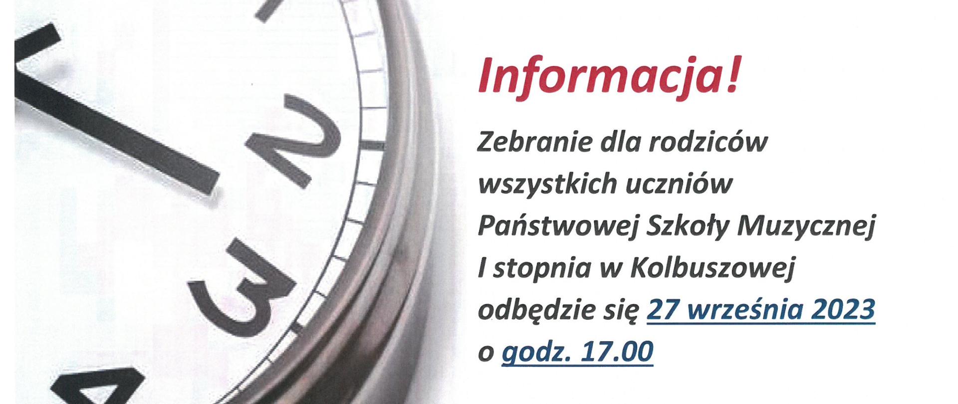 Plakat na białym tle z ikoną zegara po stronie lewej w kolorze czarnym z informacją o zebraniu rodziców koloru czerwonego i czarnego.