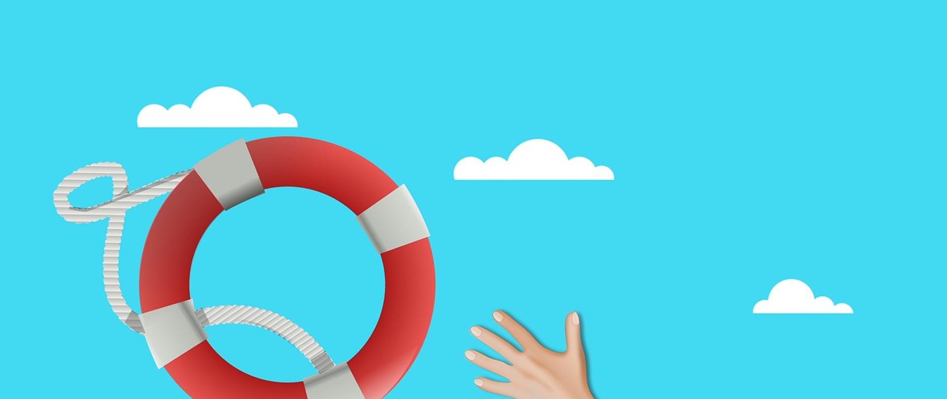 Obraz przedstawia rękę sięgającą z wody po koło ratunkowe