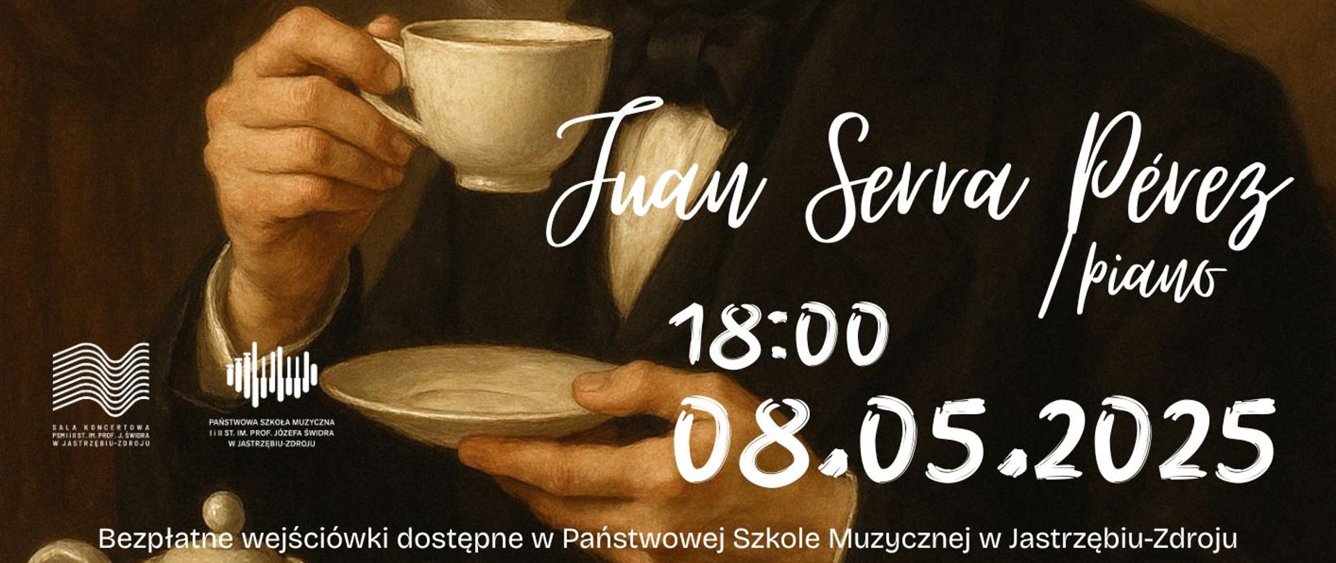 Plakat informacyjny dotyczący koncertu fortepianowego odbywającego się w dniu 08.05.2025 o godz. 18.00.