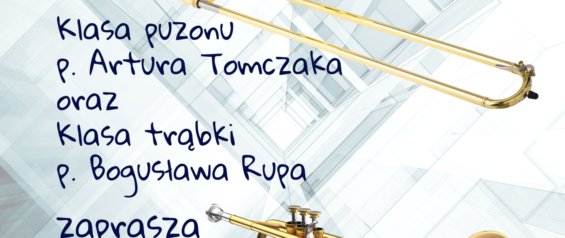 Plakat z okazji 80-lecia szkoły z logo jubileuszowym. Grafika z dwoma pozłacanymi trąbkami i puzonem na niebieskim tle, dekoracyjne elementy. Klasa puzonu p. Artura Tomczaka oraz klasa trąbki p. Bogusława Rupe zapraszają na popis 13 stycznia 2026 r. o godz. 16:30 w auli szkoły przy ul. Piętnastolecia 24; akompaniament: p. Edyta Sugocka i p. Maria Konwacka.
