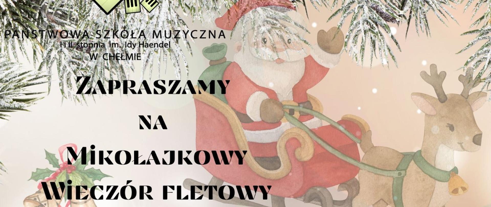 W górnej części plakatu widoczne są gałązki świerku które są ośnieżone. w dolnej części plakatu widać chłopca i dziewczynkę w czapkach Mikołaja którzy grają na fletach. W tle widać padający śnieg i czarne nutki. W górnej części pod gałązkami choinki widać Mikołaja jadącego na saniach. 
