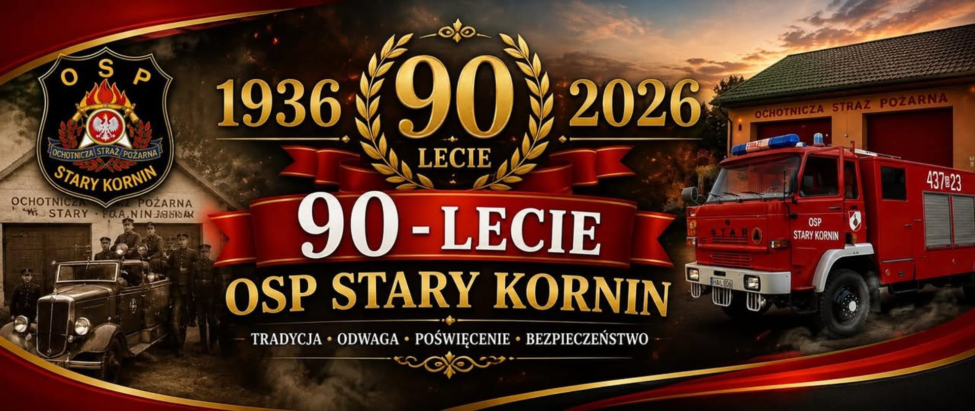 Plakat okolicznościowy dotyczący jubileuszu 90 - lecia OSP Stary Kornin. Na plakacie zakres dat, napisy dot. wydarzenia, zdjęcia samochodu pożarniczego i remiz za dawnych czasów i obecnie.