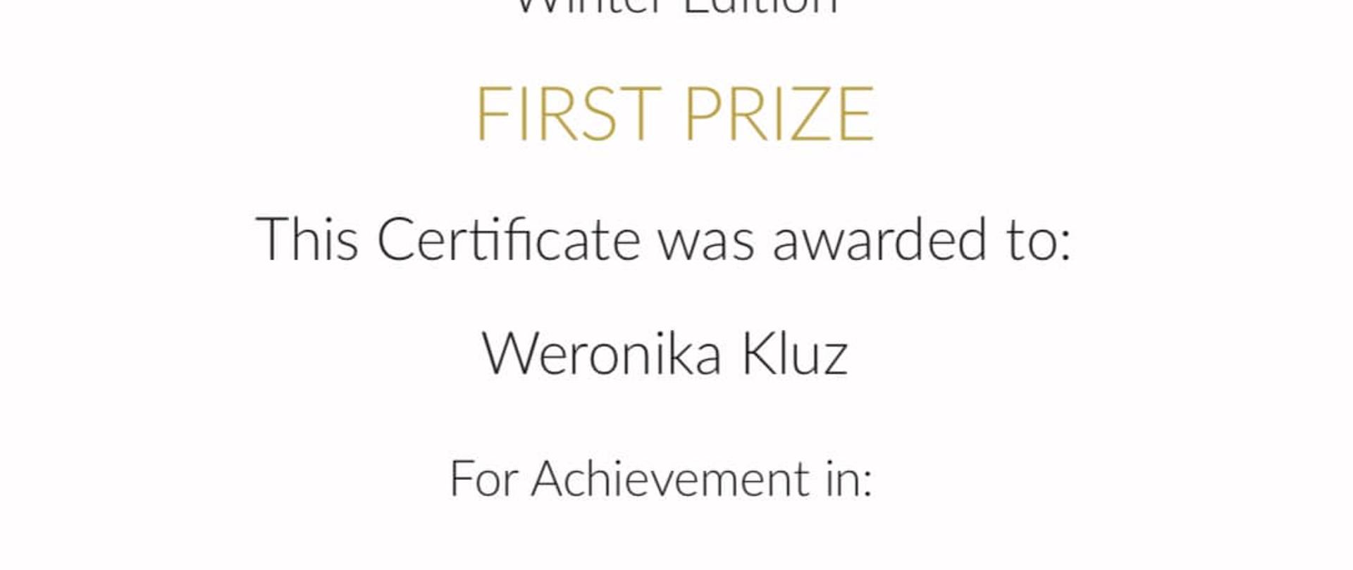 Dyplom dla Weroniki Kluz