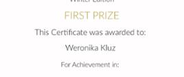 Dyplom dla Weroniki Kluz