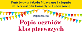 Kolorowy plakat popisu uczniów klas pierwszych z elementami graficznymi dzieci grających na instrumentach i informacją o dacie koncertu - 10.06.2022 klasa 1c6 godz. 16.00, klasa 1c4 godz. 17.00