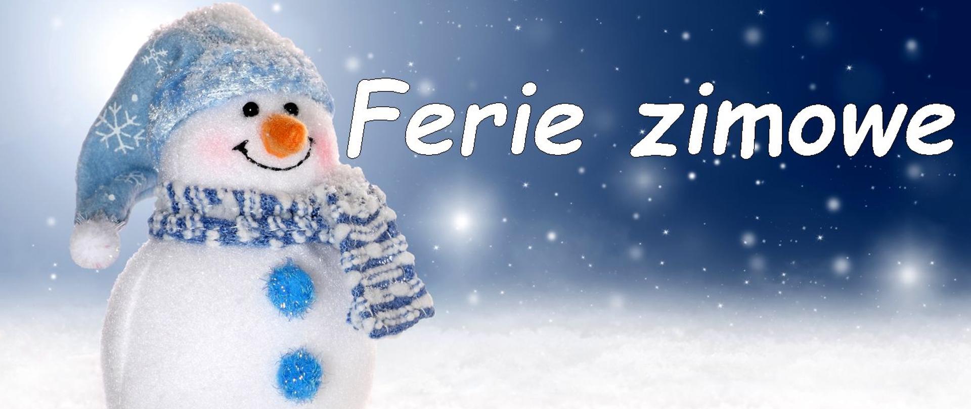 Zdjęcie przestawia zimowego bałwana z czerwonym nosem i niebieskiej czapce z białym pomponem na tle padającego śniegu. Po środku zdjęcia umieszczone są napisy w kolorze białym : Ferie zimowe.
